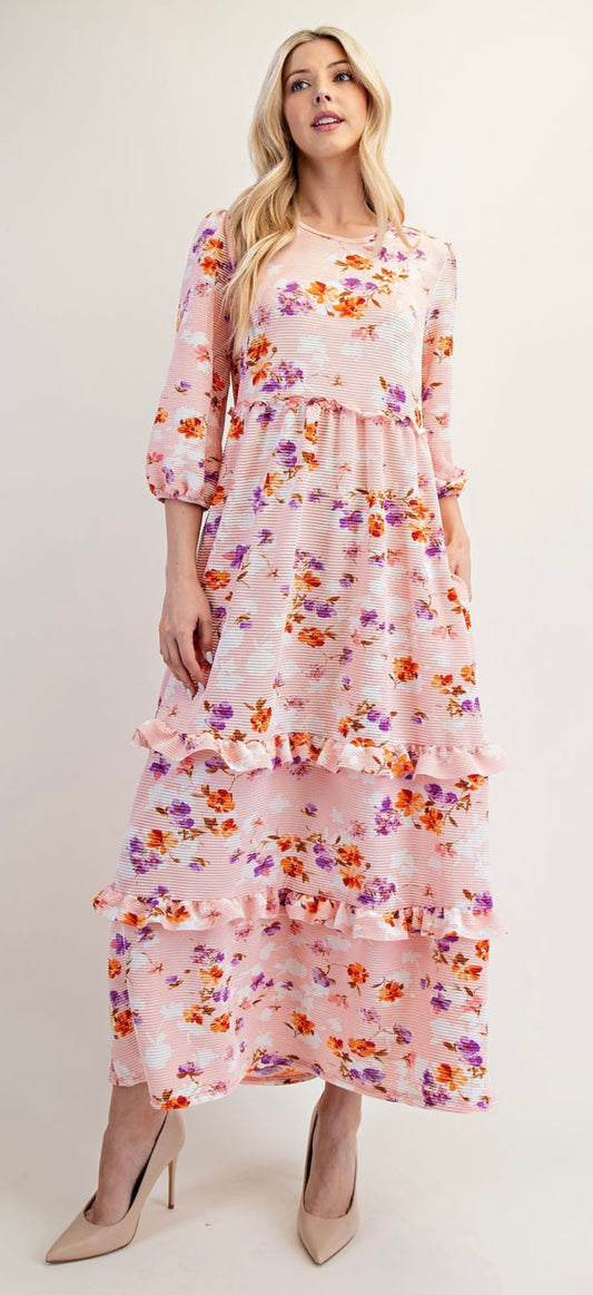 Pink Floral Ruffle Tiered Dress
