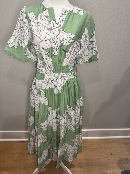 Sage Floral Puff Sleeve Dress