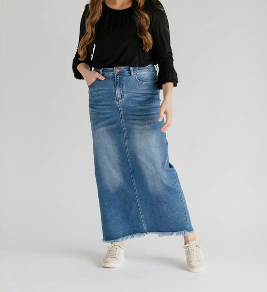 Dakotah Raw Hem Long Denim Skirt