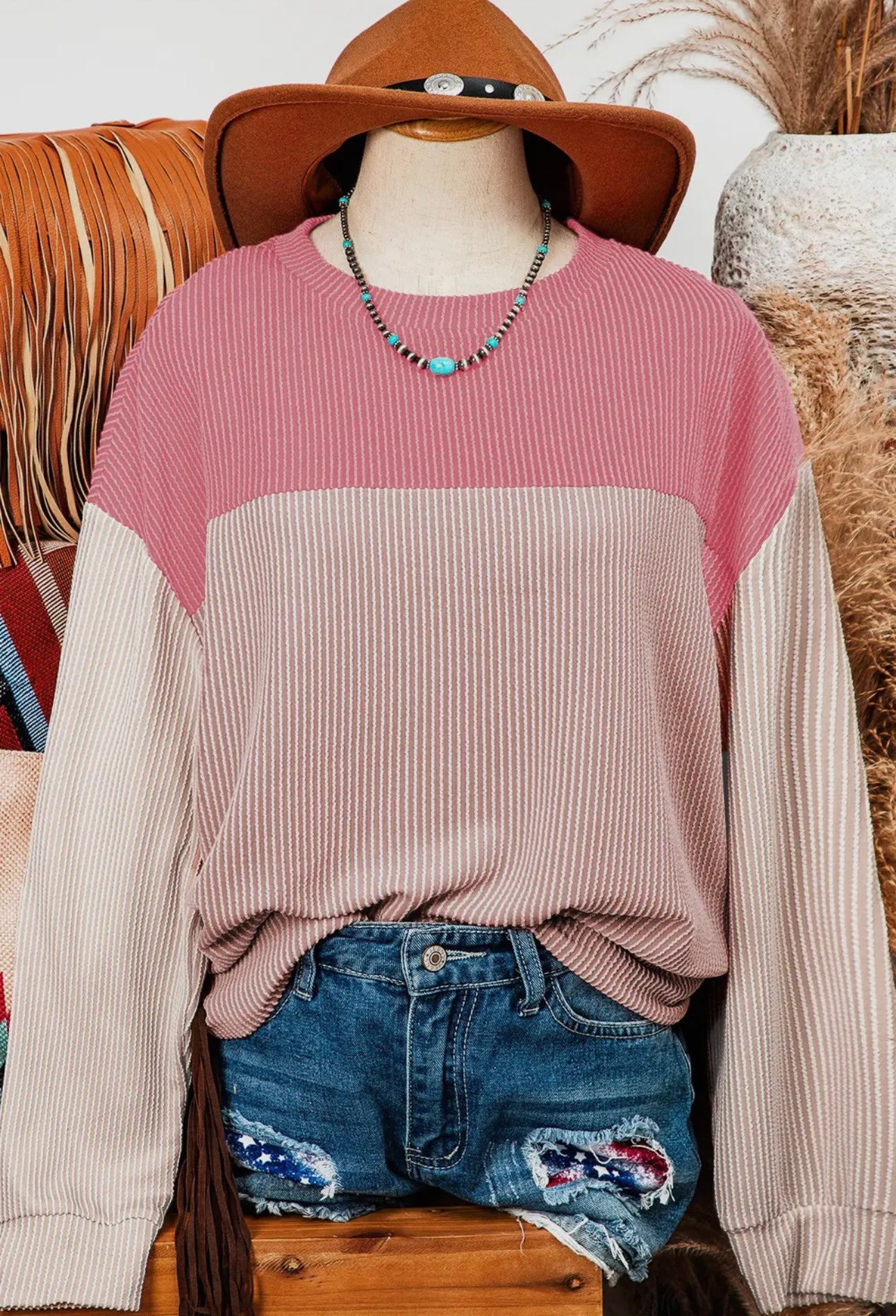 Pink Colorblock Rib Top