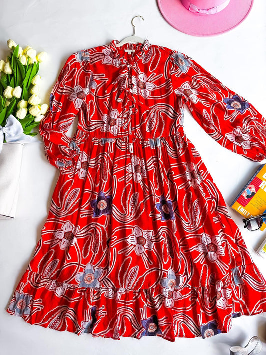 Tie Front Floral Dress-Midi